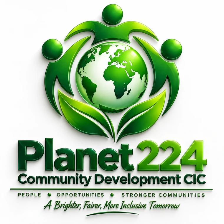 Planet 224 Community Development CIC logo: three figures holding a green globe above two leaves